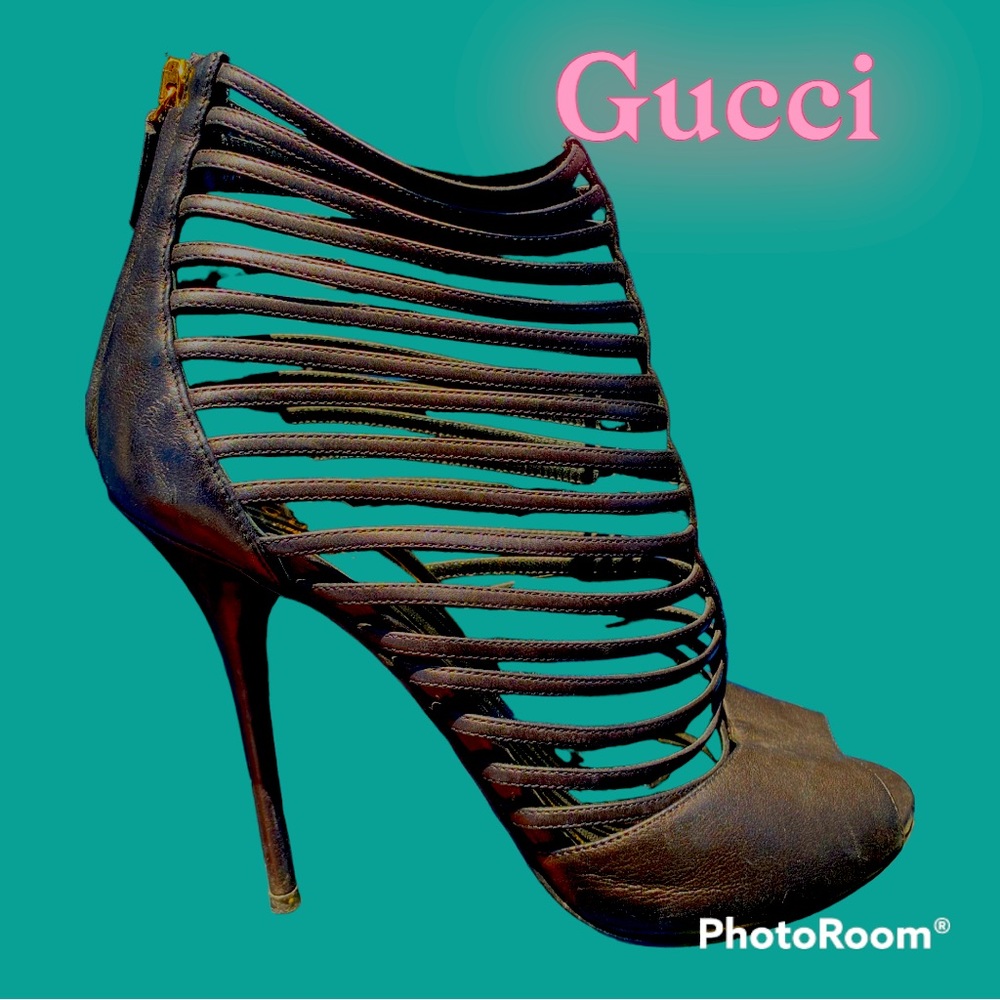 Gucci Black Leather Strappy Caged Stiletto Heel Peep Toe "Inga" 
Size 40